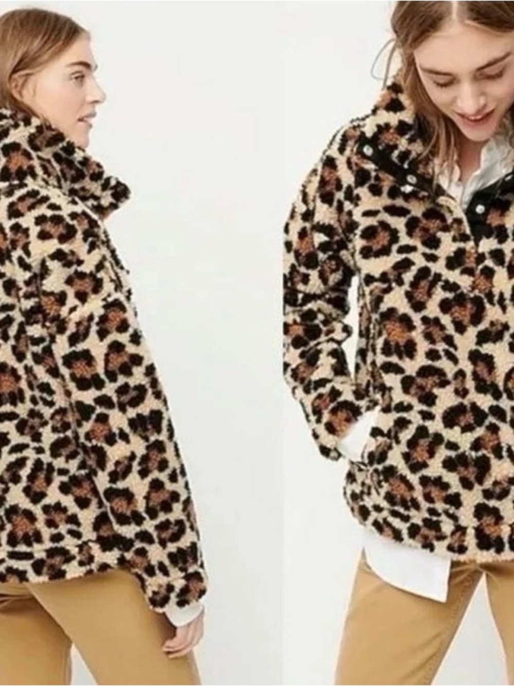 J. Crew Leopard-Print Teddy Sherpa Jacket in Beige, Black & Brown